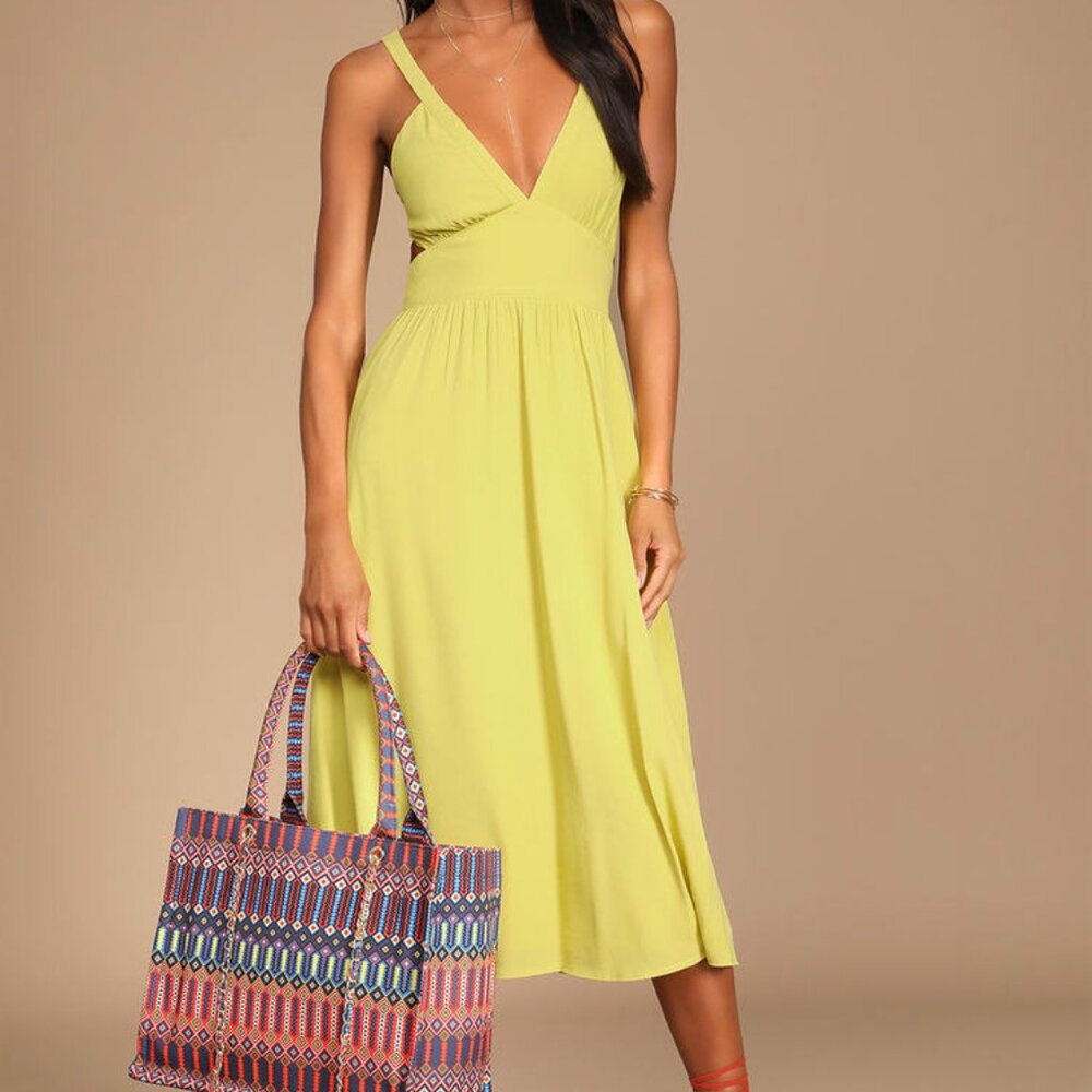 Lulu's Bold New Look Lime Green Tie-Back Midi Dress With Pockets, Size Small